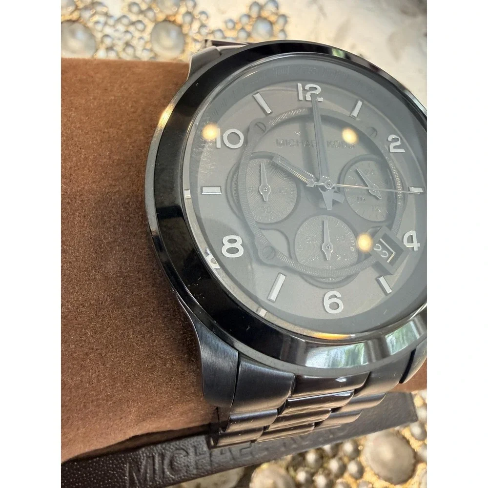 Michael Kors Runway Black Steel Chronograph Black Dial Mens Watch MK8157 w/ Box